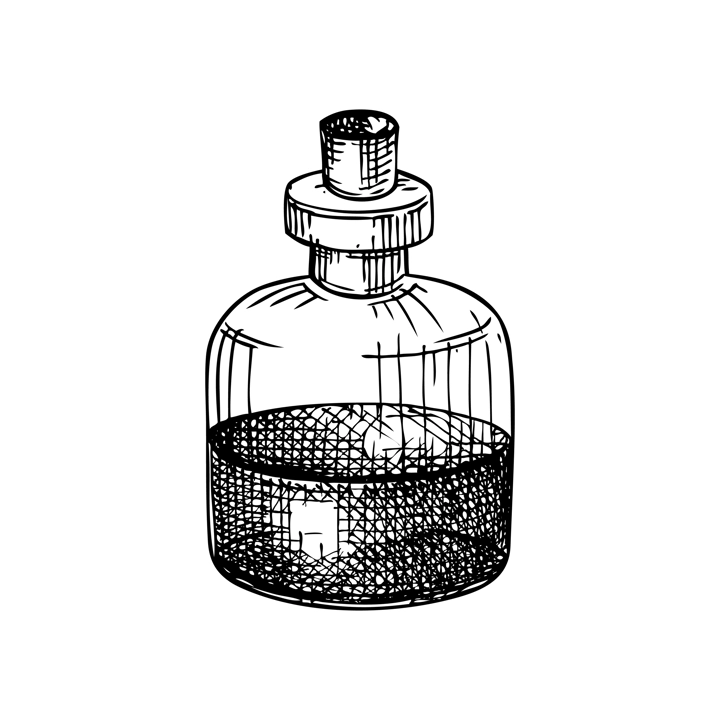 Poison bottle sketch. Witchcraft vector illustration. Vintage Halloween design element. Hand-drawn alchemical icon, esoteric symbols. NOT AI generated